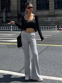 DAZY 女式交叉腰喇叭腿运动裤 - 灰色 - 查看 5