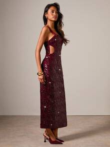 COSMINA فستان مطرز بالترتر مع تفريغ الخصر للنساء - عنابي اللون - مشاهدة 5