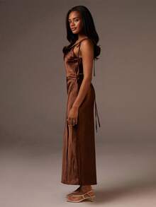 Athîral Women's Solid Color Tie Shoulder Split Hem Elegant Dress,Old Money,Satin Long Dress - Coffee Brown - View 5
