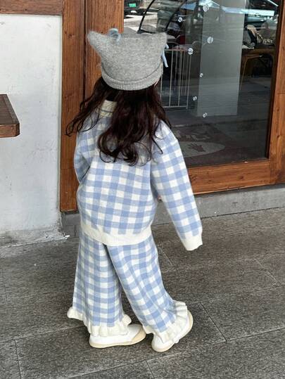 DAZY 2件套女婴格子韩版可爱毛衣外套+针织裤套装，秋冬季幼儿女童服装