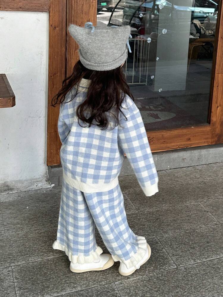 2pcs/Set Baby Girl Plaid Korean Style Cute Sweater Jacket & Knitted Pants Set Fall, Winter Toddler Girls Clothes