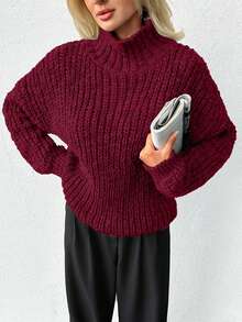EURMUSE 女士厚纱高领休闲风格常规版型冬季保暖毛衣 - 酒紅色 - 查看 4