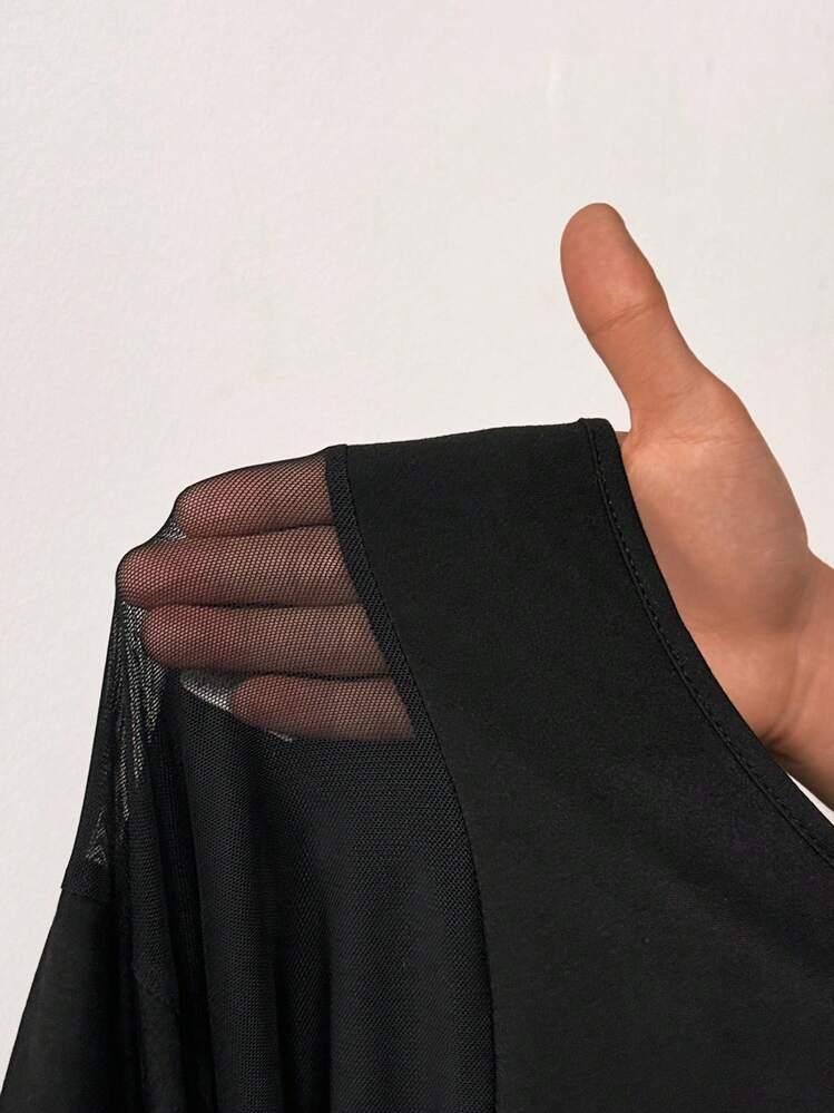 BamGleam Body Con Hombros Descubiertos Y Empalme De Malla Para Mujer - Negro - Añade 9