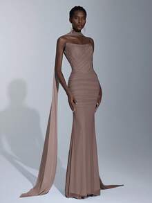 Elitara Elegant Luxurious Light Blue Elastic Mesh Boat Neck Full Ruffle Sequin Bridesmaid Dress