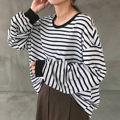 여성용 라운드넥 긴소매 루즈 캐주얼 스트라이프 티셔츠, 대비 색상 칼라 & 커프스, 가을에 적합