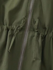 SHEIN 1 件年轻女孩纯色简约腰部设计休闲连帽夹克，适合秋冬穿着，适用于学校、户外活动、家庭聚会，提供温暖和舒适 - 軍綠色 - 查看 5