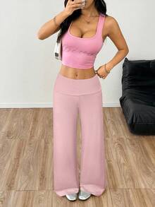 SHEIN EZwear 女士浅粉色宽腰宽松休闲裤 - 淺粉色 - 查看 5