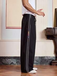 SWAVVY Men's Side Stripe Drawstring Waist Wide Leg Woven Long Pants, For Fall - Black - View 5