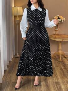 Auvina Váy dài tay cổ bẻ chấm bi thường ngày dành cho nữ - Đen và trắng - Xem 4