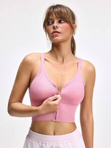 LOUNGEISTA 1pc Cute Front Zipper Seamless Elastic Sports Bra & Enhancing Bra For Women, Workout - Pink - View 5