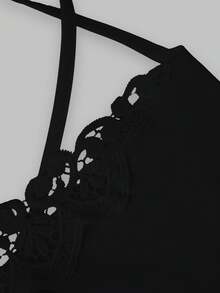 SHEIN LUNE Plus Size Lace Patchwork Solid Color Camisole 2 Pieces Set - Black - View 6