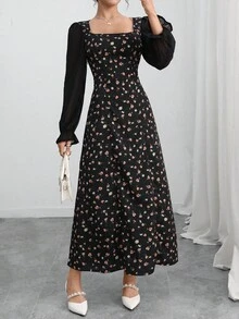 Al Najma 女式碎花方领长袖优雅阿拉伯风格连衣裙 - 黑色 - 查看 5