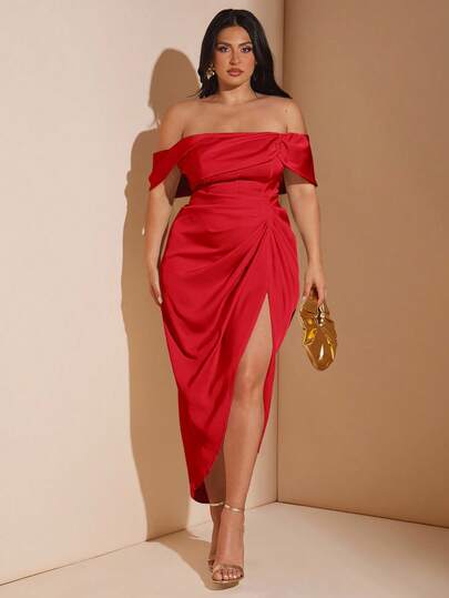 SHEIN BAE 大码女式优雅垂坠中长连衣裙，适合婚礼、伴娘、鸡尾酒会和正式场合