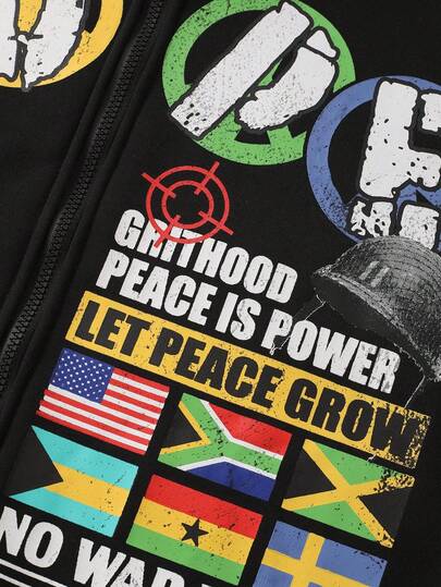 Street Life Sudadera con capucha con cremallera y estampado gráfico de eslogan para hombre, estilo callejero retro, otoño e invierno