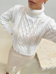 Lavishia 女式休闲扭纹图案高领长袖毛衣，秋季 - 杏色 - 查看 1