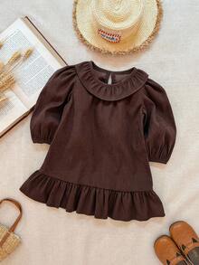 Blossori 2件套女婴法式优雅荷叶边领连衣裙和毛茸茸背心套装 - 棕色 - 查看 4