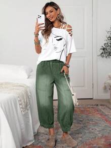 EMERY ROSE 女士休闲街头宽松腰部拼布口袋水洗哈伦牛仔裤女绿色裤子女士休闲裤女士夏季裤子女士工装裤女士橄榄绿裤子