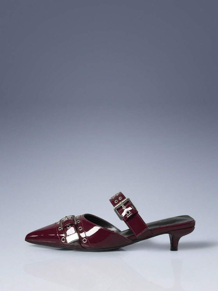 CUCCOO GRLICON ワイン色のポインテッドトゥ キトゥンヒール ミュールシューズ、通勤、ハロウィン、クリスマスパーティー、音楽フェスティバル、秋に最適なファッショナブルなデザイン