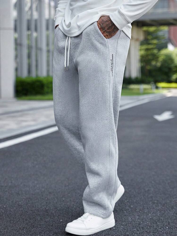 Manfinity Homme 男士纯色抽绳腰口袋休闲运动裤 - 灰色 - 查看 3