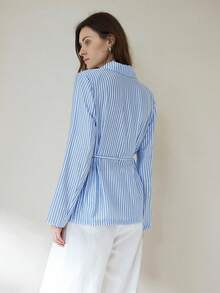 GENKIRA Linen-Like Bamboo Striped Collared Long Sleeve Shirt, Elegant European Style, Vacation Vibe - Multicolor - View 3