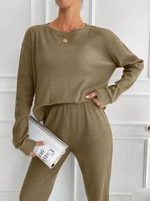 SHEIN Tall Women's Solid Color Round Neck Long Sleeve Loose Top And Pants 2 Pieces Set, Tall Women - Beige - View 3
