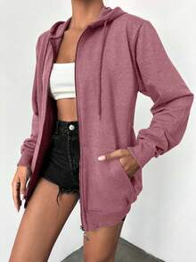 SHEIN Petite Size 100%Cotton Solid Zip Up Drawstring Hoodie - Dusty Pink - View 4