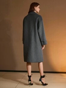 MOTF PREMIUM Áo khoác len pha trộn cổ tròn cỡ lớn màu trơn dài vừa - Màu xám đen - Xem 3