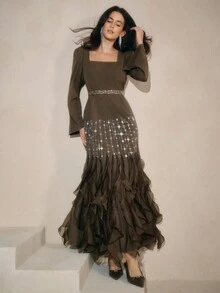 Anewsta Váy dạ hội đuôi cá dài đính hạt thanh lịch, váy dạ hội cao cấp cho mùa thu, đông, năm mới, tiệc tùng, đám cưới - màu nâu - Xem 1