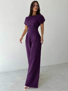 Firerie 夏季新款女士优雅休闲通勤白色落肩上衣和阔腿裤套装 - 紫色 - 查看 6