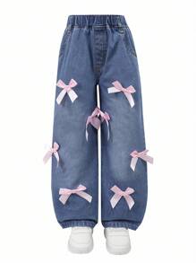 Denimly Young Girl 寬腿藍色牛仔褲 1件裝，夏季甜美清爽學院風，附3D粉色蝴蝶結裝飾，寬鬆舒適休閒長褲 - 藍色 - 查看 3