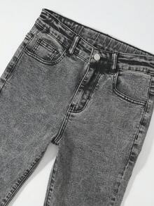 Jeans elásticos de cintura ajustable con bordado de lazo gris oscuro y copos de nieve, estilo urbano y callejero Y2K para niñas preadolescentes - Negro - Ver 7