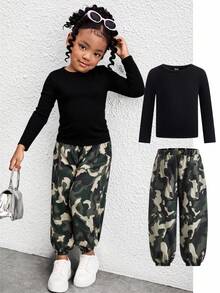 Young Girl Versatile Ribbed Knit Stretchy Base Layer Top & Camouflage Cargo Pants Set, Casual Sporty Street Style, Autumn/Winter Fall - Multicolor - View 1