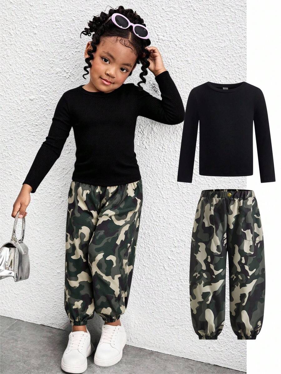 Young Girl Versatile Ribbed Knit Stretchy Base Layer Top & Camouflage Cargo Pants Set, Casual Sporty Street Style, Autumn/Winter Fall - Multicolor - View 1