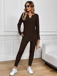 SHEIN LUNE 2pcs/Set Women Thermal Lined Ribbed Long Sleeve T-Shirt And Leggings, Pink, Autumn/Winter,Fall - Coffee Brown - View 6