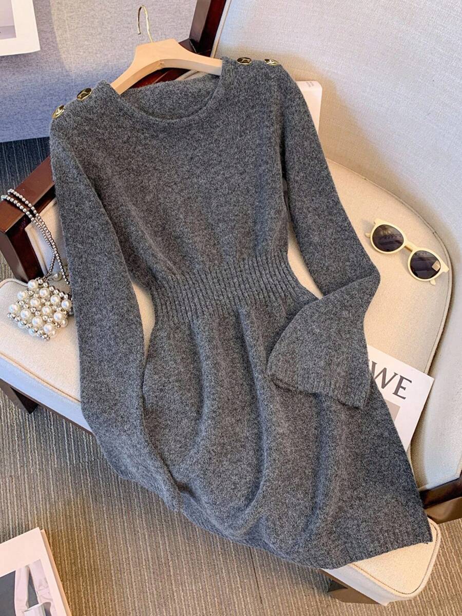 Franclia 女士秋冬新款法式优雅休闲设计独特百搭精致修身款式独特金属纽扣毛衣裙 - 深灰色 - 查看 1