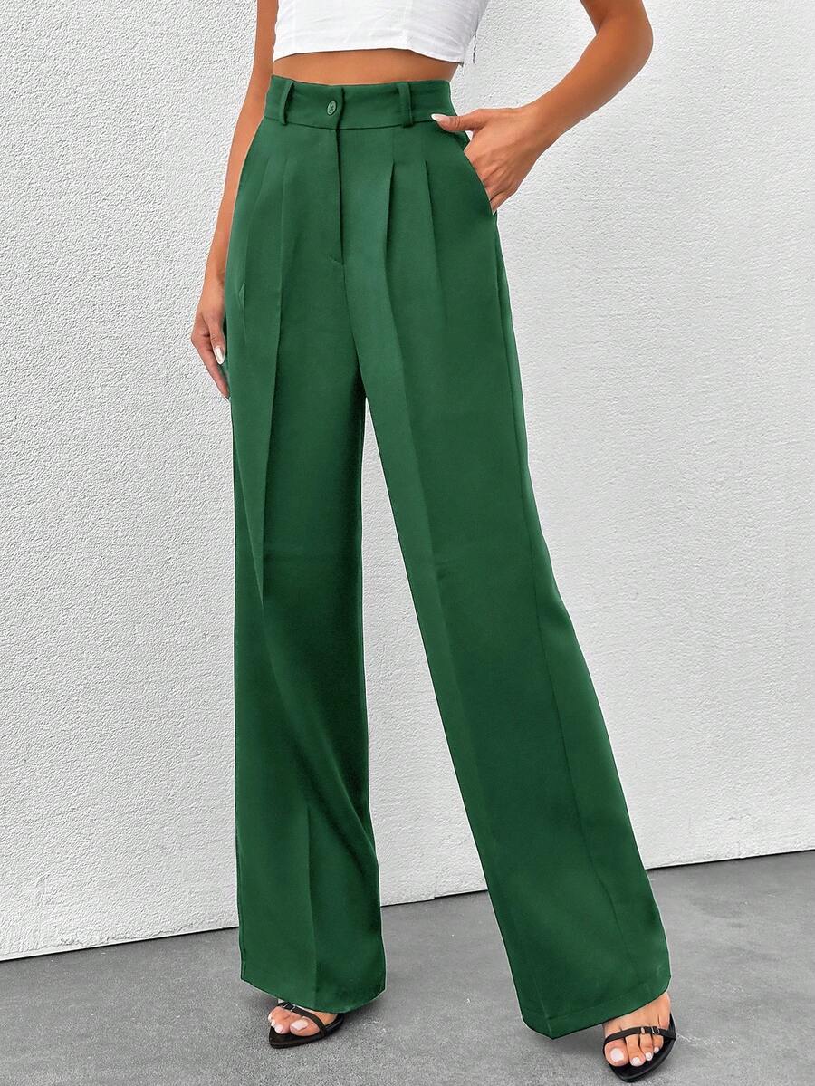 SHEIN Tall Tall Women's Solid Color High Waisted Wide Leg Pants Green Pants For Women High Waist Pants Pleated Pants Emerald Green Pants Pleated Wide Leg Pants - Green - View 1
