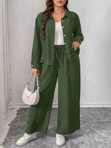 INAWLY 大码女式纯色长袖单排扣衬衫和阔腿裤休闲套装，秋季 - 軍綠色 - 查看 4