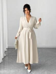 Elenzga Plus Size Women Elegant Long Sleeve Bowknot A-Line Dress, Autumn/Winter Fall Cloth For Women - Yellow - View 4