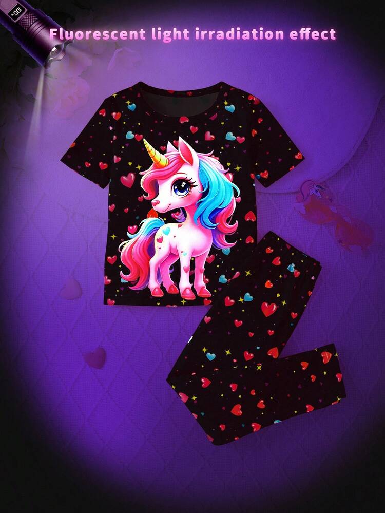 2 piezas Conjunto de top de manga corta y pantalones con estampado de unicornio y corazón que brillan en la oscuridad para niñas pequeñas, adecuado para uso al aire libre - Negro - Añade 8