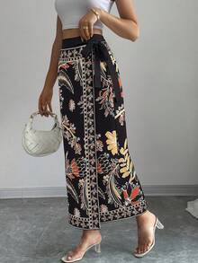 Elenzga 女士优雅通勤花卉印花系带裹身裙 - 彩色 - 查看 1