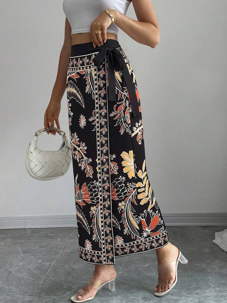 Elenzga 女士优雅通勤花卉印花系带裹身裙 - 彩色 - 查看 1