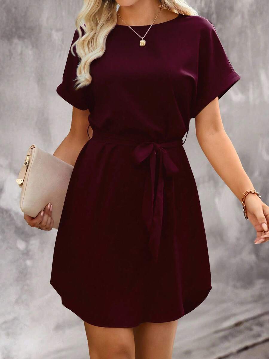 EMERY ROSE Đầm tay ngắn thắt lưng màu trơn thường ngày cho nữ - Màu Đỏ Sâu - Xem 1