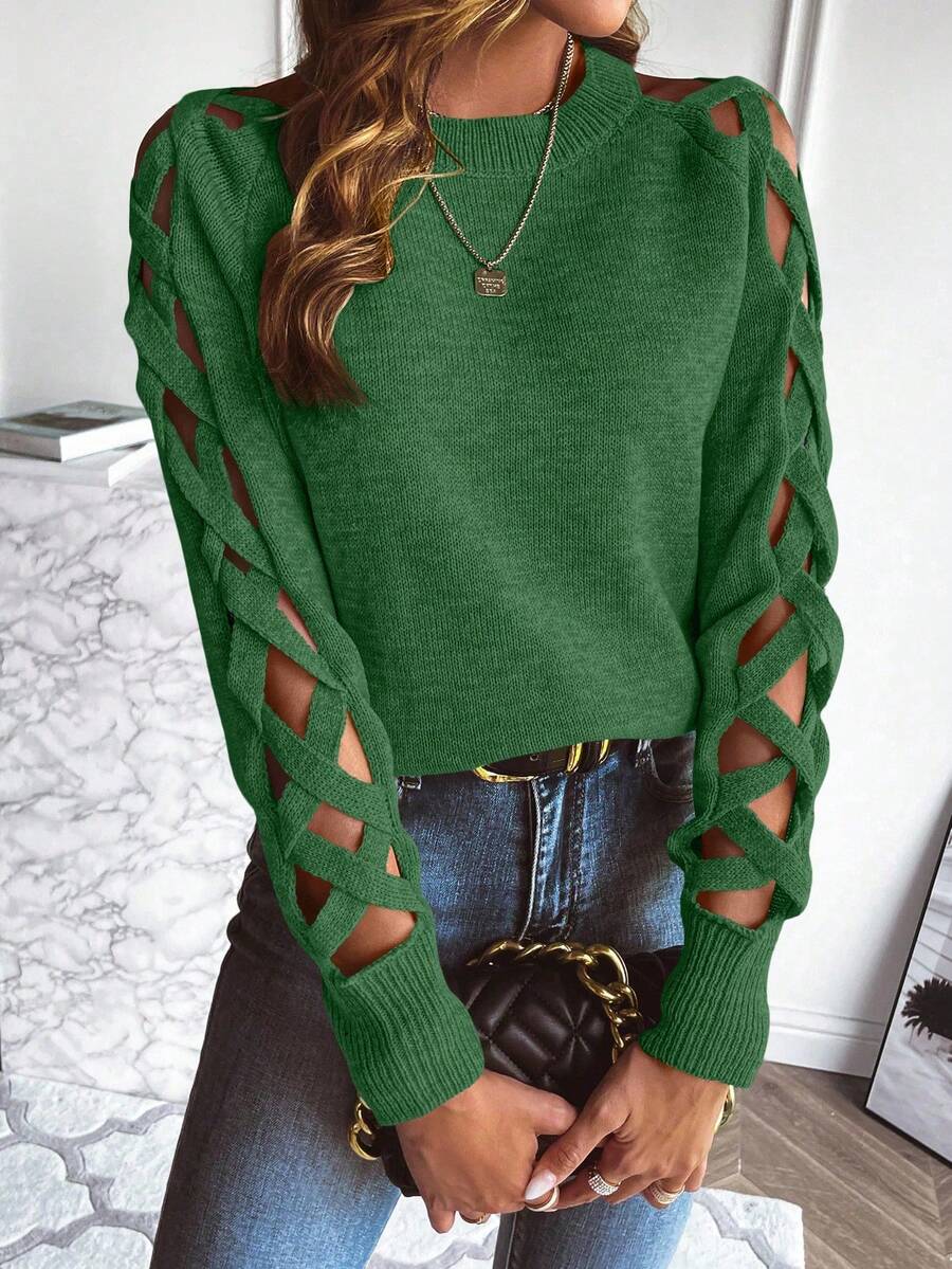 EMERY ROSE Women's Sexy Criss-Cross Hollow Out Sleeve Round Neck Sweater, Autumn/Winter Fall Cloth For Women - Green - View 1