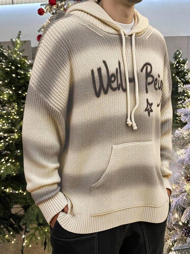 Men's Letter Print Striped Design Hooded Sweater, Autumn