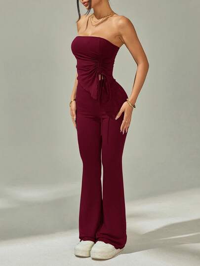 SHEIN PETITE 2pcs Set: Ruched Bandeau Top With Asymmetrical Hem And Flare Pants Two Piece Pants Set Two Piece Set Strapless Jumpsuit Tube Top Jumpsuit