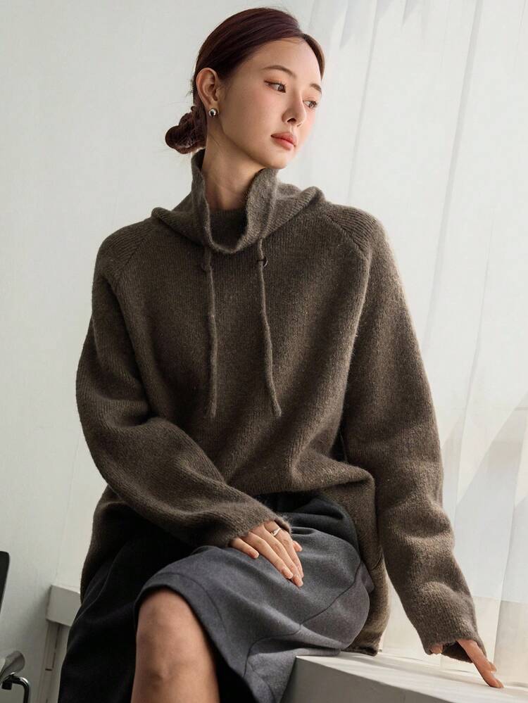 Women's Loose Business Casual Drawstring High Neck Solid Color Minimalist Knit Sweater, Suitable For Autumn And Winter Office Wear