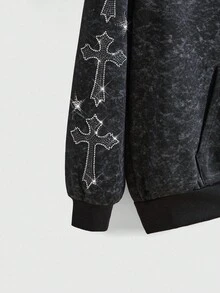 ROMWE Fairycore 大码女式韩流百合花水钻做旧卫衣 - 黑色 - 查看 3