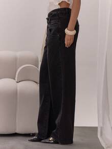 MUSERA Celana Jeans Denim Lebar Model Washed dengan Detail Kancing dan Model Pinggang Silang, Elegan dan Seksi untuk Acara Malam Hari, Liburan, Musim Gugur, Padu Padan Berlapis, Chic untuk Musim Semi dan Musim Panas. - Hitam - View 3