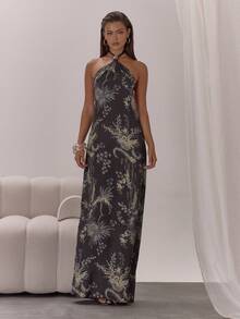 MUSERA 缎面印花露背长裙，优雅性感，适合夜晚外出、婚礼宾客、度假、秋季叠穿派对、春夏、毕业典礼等场合。 - 彩色 - 查看 1