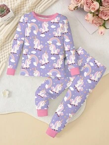 两件套女童独角兽、彩虹、云朵和星星印花长袖上衣和裤子睡衣套装，柔软弹力针织面料，舒适修身 - 彩色 - 查看 2